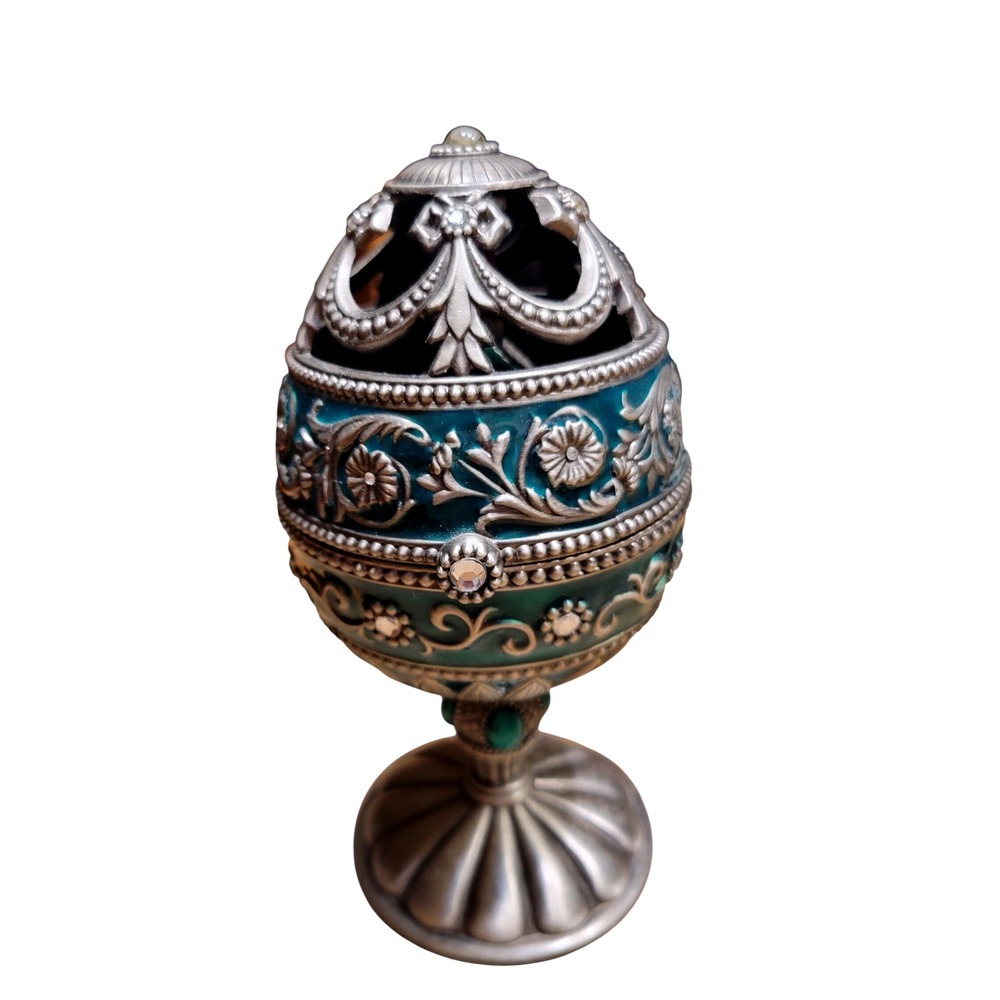 Ornate Fabergé Style Egg Trinket Box Hinged Church Interior Jeweled Ornate
